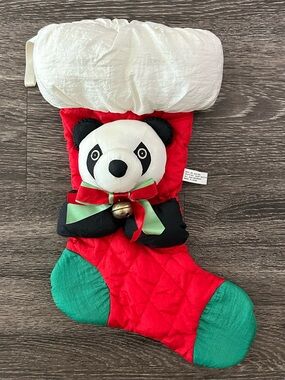 Vintage Panda Bear Plush Nylon 14" Christmas Stocking Red & Green w/ Jingle Bell